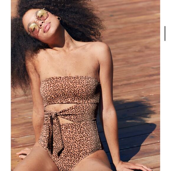 aerie Other - Aerie Brown Leopard Cheetah Print Strapless Cut Out Tie One Piece Swimsuit LONG